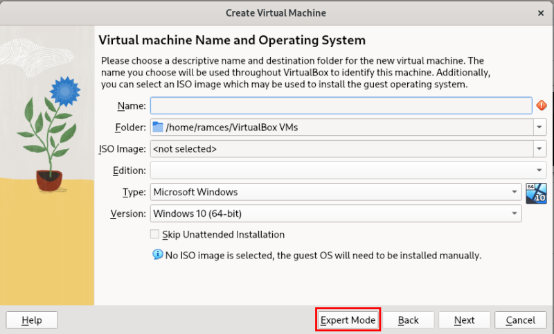 A screenshot highlighting the "Expert Mode" option in VirtualBox for Linux.