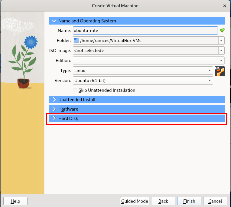 A screenshot highlighting the "Hard Disk" dropdown tab in VirtualBox for Linux.