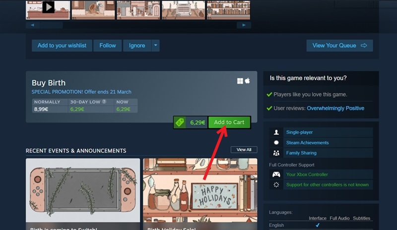 Clicking "Add to Cart" button in Steam client for desktop.