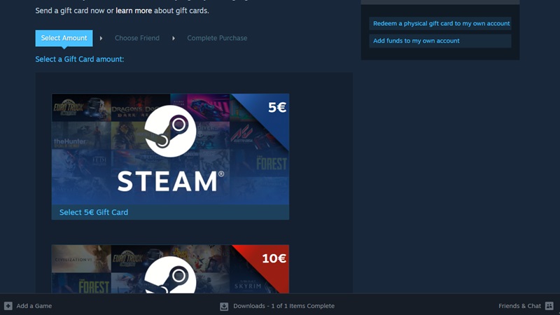 Selecting an amount for Steam gift card on desktop. 
