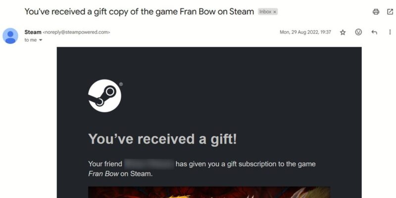 Steam alert for new gift arrives via email.