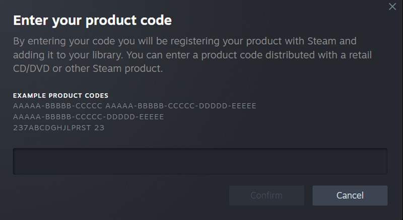 Entering a product code into Steam desktop client.