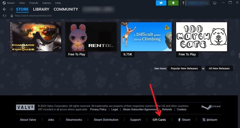 Clicking "Gift Cards" in Steam client for desktop. 