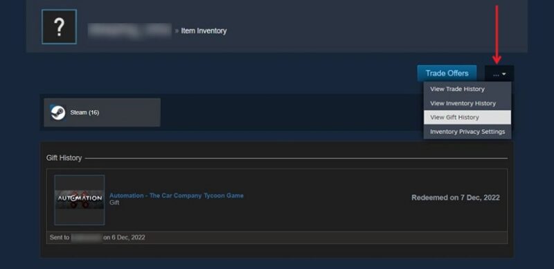 Clicking on "View Gift History" option in Steam client for desktop. 