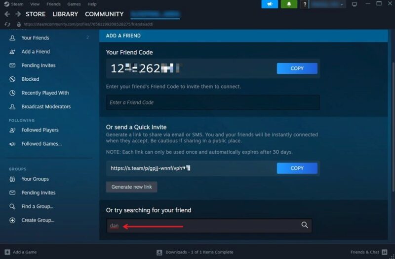 Searching for Steam friends in the desktop client app. 