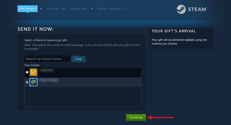 Selecting a recipient for your Steam gift card.