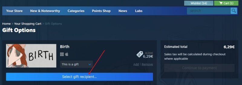 Clicking on "Select gift recipient" button in Steam client for desktop. 