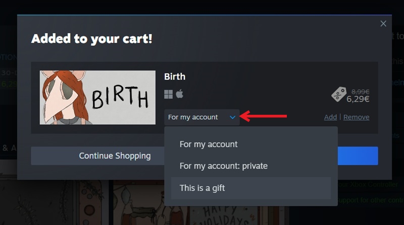 Clicking on "For my account" box in Steam account.