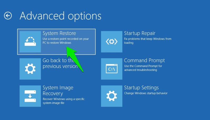System Restore Advanced Startup Options