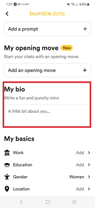 FIlling out the bio on Bumble.