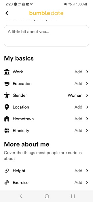 List of Bumble profile details to answer. 