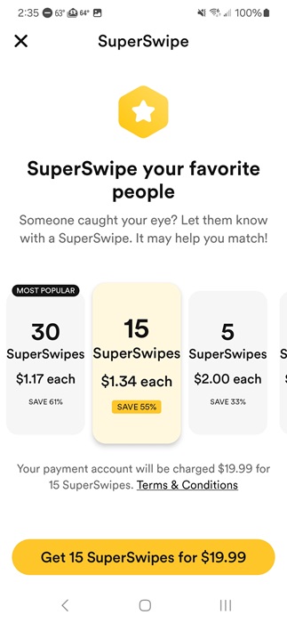 Buying SuperSwipes in Bumble.