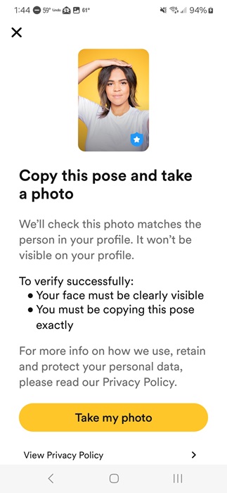 Instructions on how to verify your Bumble profile.