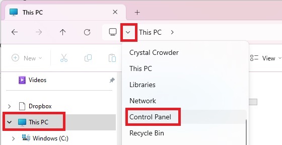 Accessing Control Panel from File Explorer