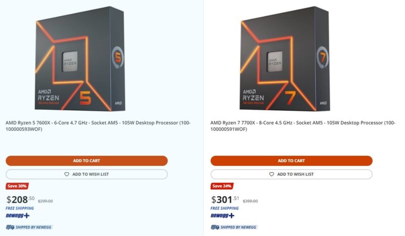 Screenshot of prices of Ryzen 5 7600X and Ryzen 7 7700X