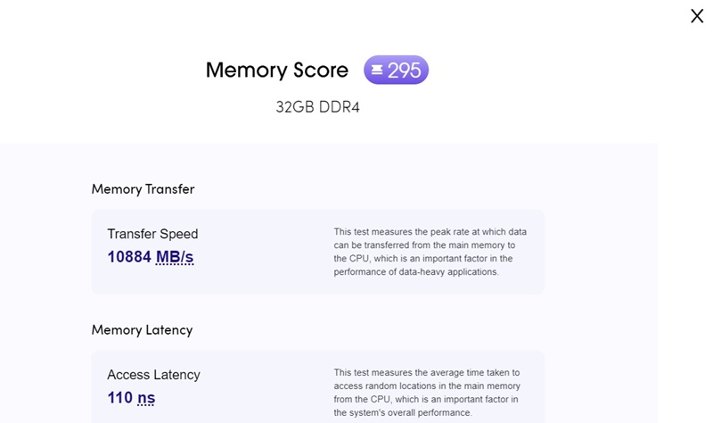 Dual channel RAM bandwidth performance measurement shown as "transfer speed" in Novabench app for 32 GB dual memory configuration.
