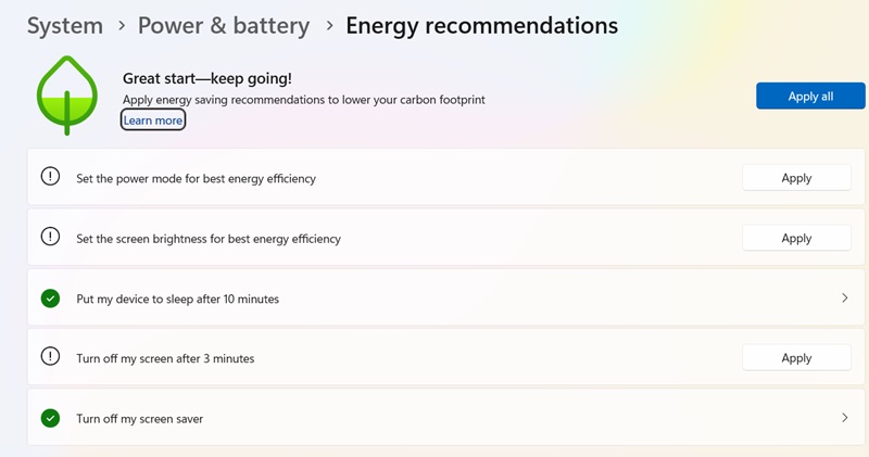 Applying energy recommendations by Windows for a laptop for better energy efficiency.