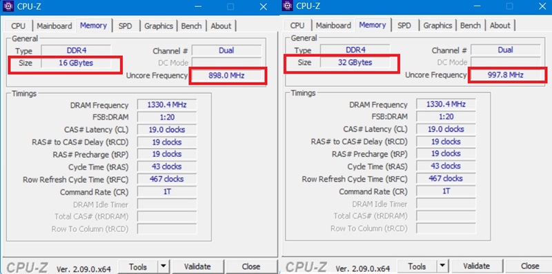 Uncore frequency comparison between single vs dual channel RAM, 16 GB vs 32 GB, measured by CPU-Z under "memory" tab.