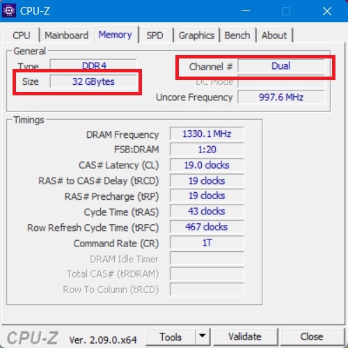 CPU-Z displaying dual-channel RAM with combined memory capacity.