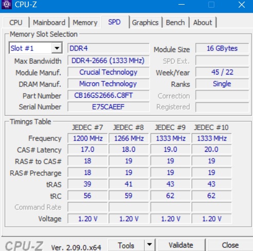 Checking memory stats for a memory slot in CPU-Z software.