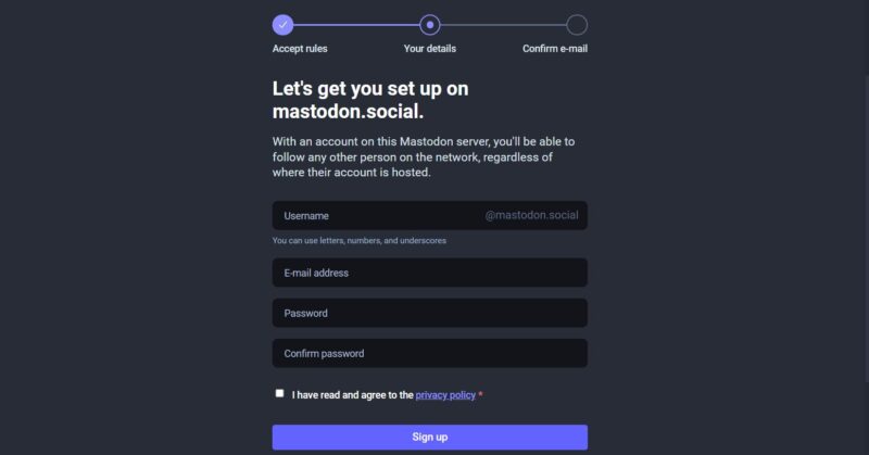 Mastodon Sign Up Page