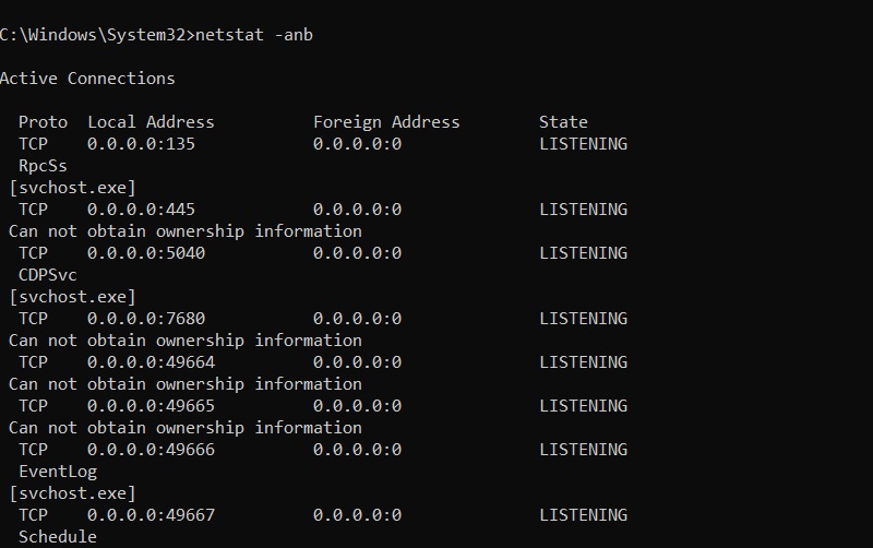 Monitoring Live or Active network connections using netstat-anb command in Windows Command Prompt.