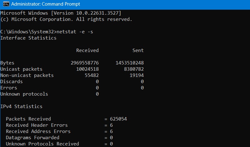 Viewing network interface statistics in Command Prompt using netstat -e -s command.