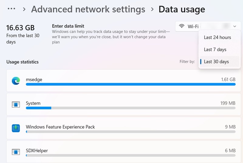 View "Data Usage" through "Network & Internet" Settings in Windows 11.
