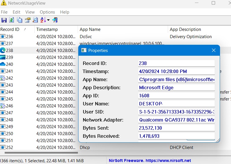 Viewing "Bytes Sent" and "Bytes Received" for each process/app using NetworkUageView, a freeware by Nirsoft.