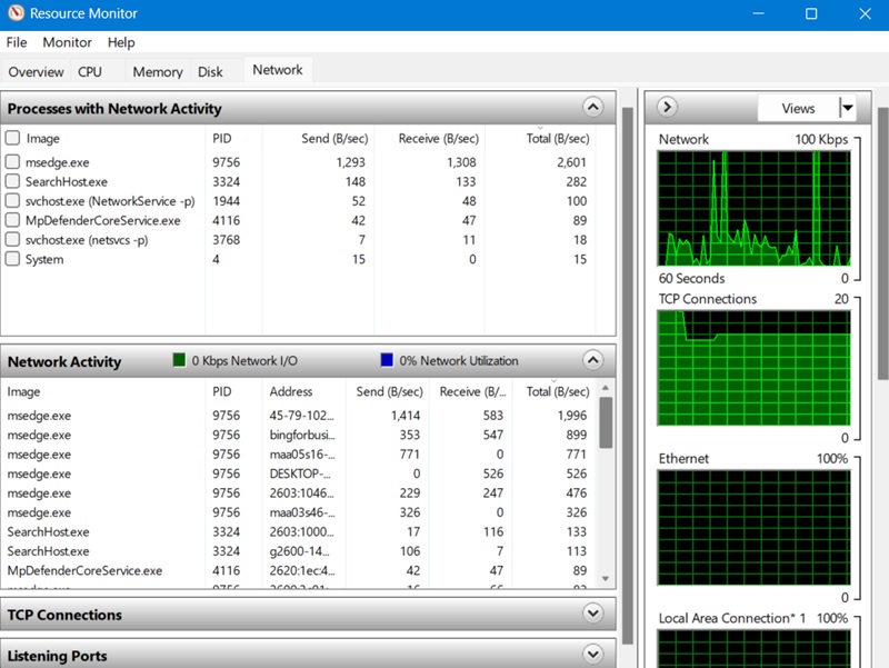 Viewing network activity and tracking usage in Windows using Resource Monitor (Resmon) .