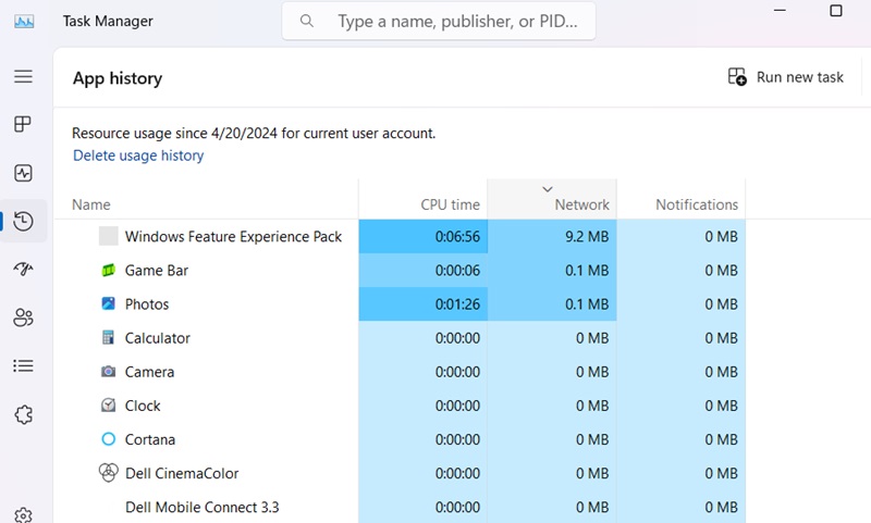 Viewing "App History" in Windows Task Manager for a given user account.