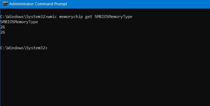 SMBIOS MemoryType command to detect RAM type. "26" means DDR4.