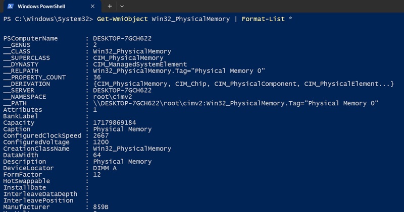 Finding full RAM type details in PowerShell using "Get Wmiobject" environment variable.