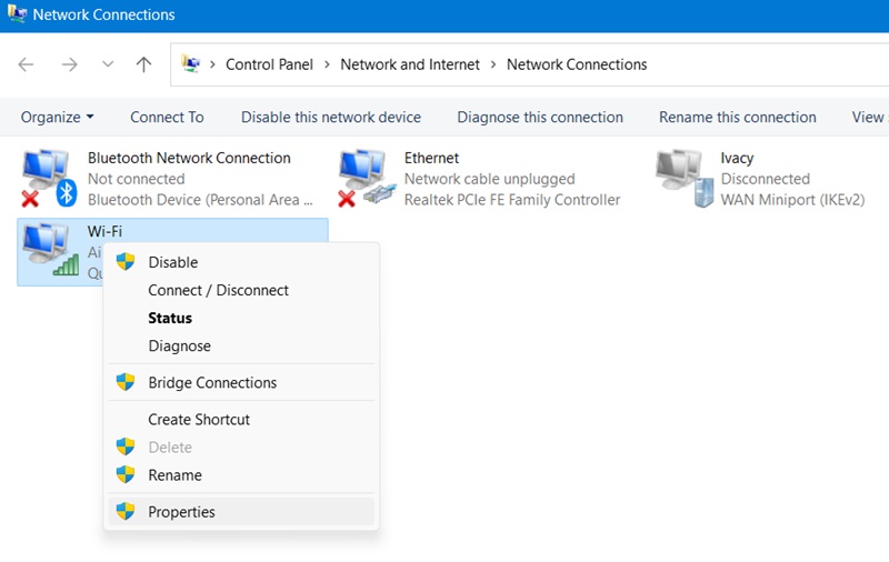 Right-click on a network to view its Properties in Control Panel.