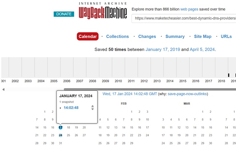 Using WayBack Machine to view past versions of a website URL.