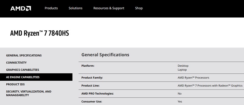 AI support visible in AMD Ryzen 7 7840HS on its specifications website.