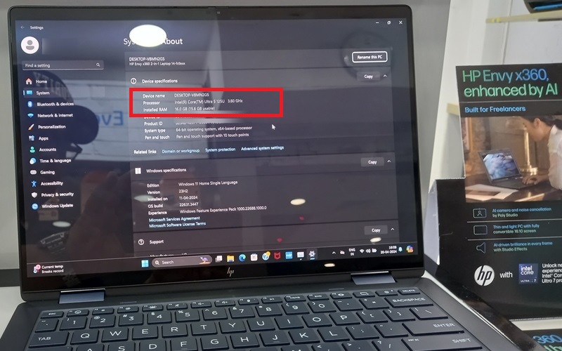 HP Envy x360 Windows laptop with AI-based Intel Core Ultra 5 processor 125U and 16 GB RAM.