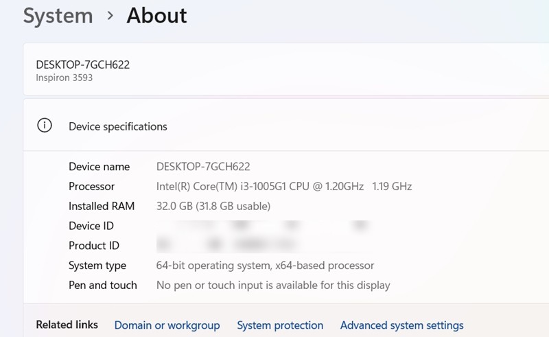 Checking processor data on a Windows laptop using System > About.