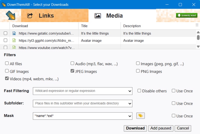 Downloading links and media using "DownThemAll" extension on a browser.