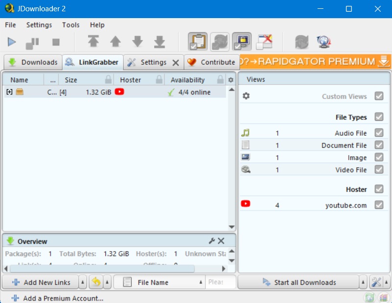 JDownloader 2 used to download a video streaming file.