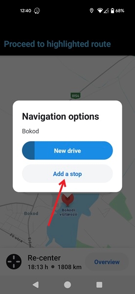 Tapping "Add a stop" to manually add a stop in Waze app.