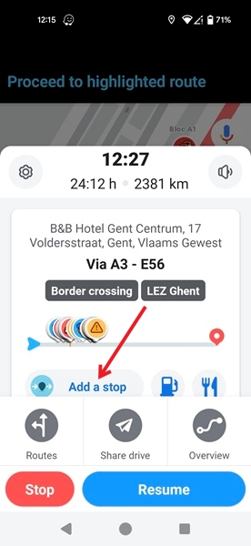 Tapping "Add a stop" button in Waze app.