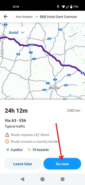Tap "Go now" option to start drive in Waze app.