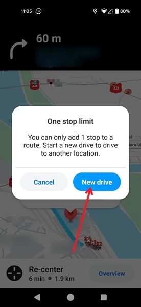 Pressing "New drive" button in Waze app to remove stop.