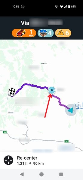 Long-pressing on stop point in Waze app.