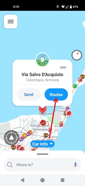 Tapping Routes button in destination pop-up in Waze app.