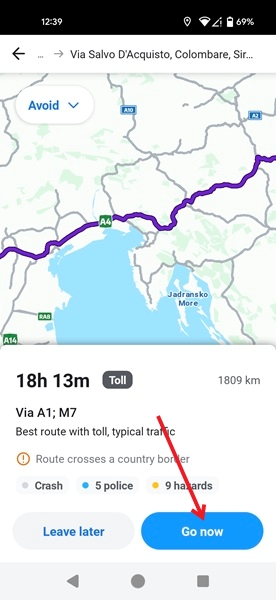 Pressing "Go Now" button after route calculation in Waze app.