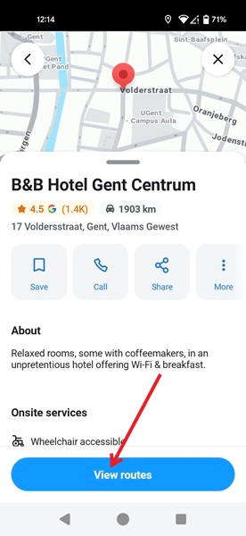 Tapping "View routes" button on destination page in Waze app.