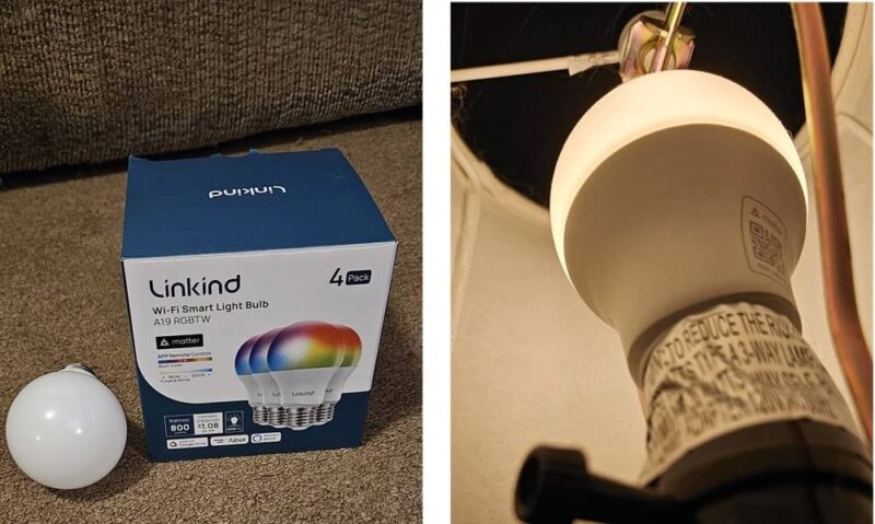 Linkind smart bulb and box on left with light bulb installed in a lamp on right.