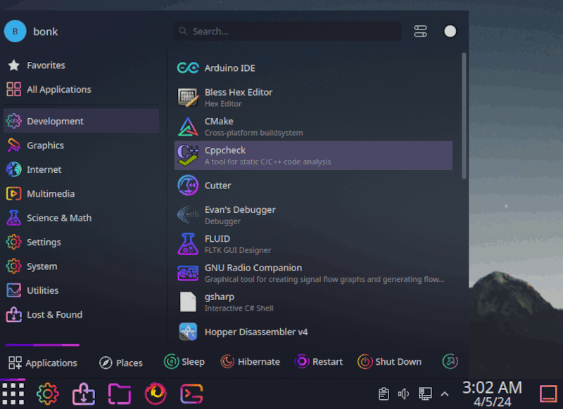 KDE Plasma's application menu open with the Black Arch application suite and a custom theme